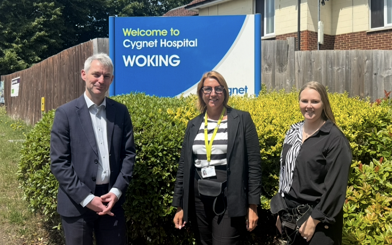 MP Will Forster with Carla Roadnight, Hospital Manager and Courtney Greene, Head of Occupational Therapy at Cygnet Hospital Woking