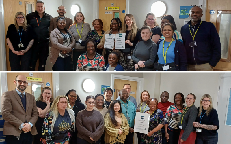 Two group photos taken indoors at Cygnet Hospital Woking, showing staff members standing together in front of wooden doors and white walls. Several people are holding framed certificates, indicating a celebration.