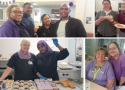 Collage of photos showing staff and people supported at Cygnet Heathers taking part in a charity bake sale, with trays of homemade cakes, purple decorations, raffle tickets, and individuals holding plates of baked treats inside the hospital.