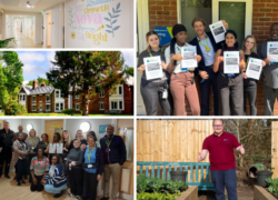 A collage of Cygnet's shortlisted projects and teams. Top left shows a colourful newly refurbished wall at Cygnet Elowen Hospital Middle left is the exterior of Cygnet Elowen Hospital with two trees in the foreground. Bottom left is the Cygnet Hospital Woking team smiling Top right features members of the Cygnet Hospital Harrow team celebrating a double shortlisting Bottom right shows Cygnet Hospital Kewstoke's farm project with a team member in the centre giving a thumbs up
